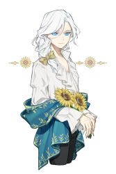 Rule 34 | 1boy, bad id, bad pixiv id, blue eyes, bow, collarbone, fingernails, flower, frilled sleeves, frills, hair between eyes, hair bow, hair over shoulder, identity v, joseph desaulniers, kouri (kyorosuukeeeeeee), long fingernails, long hair, long sleeves, male focus, official alternate costume, ponytail, puffy sleeves, simple background, sleeves past wrists, smile, solo, sunflower, white background, white hair, yellow flower