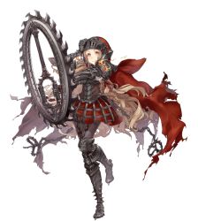 Rule 34 | 1girl, armor, armored boots, armored dress, blonde hair, boots, cape, chain, chainsaw, bear trap, full body, gauntlets, highres, jewelry, jino, long hair, looking at viewer, official art, orange eyes, red riding hood (sinoalice), ring, saw, sinoalice, skirt, solo, standing, standing on one leg, thighhighs, torn cape, torn clothes, transparent background