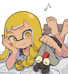 Rule 34 | 1girl, barefoot, blonde hair, book, braid, braided sidelock, closed mouth, eyebrow cut, highres, inkling, inkling girl, inkling player character, long hair, lying, musical note, nattoreichan, nintendo, on bed, on stomach, open book, pointy ears, simple background, single braid, smallfry (splatoon), smile, soles, splatoon (series), splatoon 3, tentacle hair, the pose, thick eyebrows, white background, yellow eyes