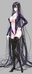 Rule 34 | 1girl, absurdly long hair, alternate costume, arm at side, black footwear, black thighhighs, boots, breasts, commission, eyes visible through hair, fate/grand order, fate (series), full body, glowing tattoo, grey background, hair over shoulder, hand on own hip, heart, heart tattoo, high heel boots, high heels, highleg, highleg leotard, highres, large breasts, leotard, long hair, looking at viewer, murasaki shikibu (fate), navel, pubic tattoo, purple eyes, sasakuma kyouta, sideboob, skeb commission, solo, standing, tattoo, thigh boots, thighhighs, thighs, very long hair