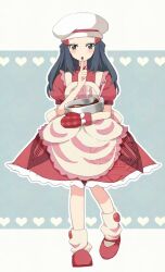 1girl apron black_eyes black_hair blush bowl chocolate_making chocolate_on_hand creatures_(company) dawn_(palentine&#039;s_2021)_(pokemon) dawn_(pokemon) dress food-themed_hair_ornament food_on_hand game_freak hair_ornament hairclip hat heart highres holding holding_bowl index_finger_raised long_hair looking_at_viewer mittens nintendo official_alternate_costume ohn_pkmn oven_mitts pokemon pokemon_masters_ex puffy_short_sleeves puffy_sleeves red_dress red_footwear red_mittens short_sleeves single_mitten socks solo strawberry_hair_ornament white_apron white_hat white_socks