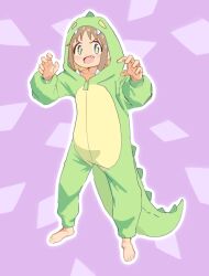 Rule 34 | + +, 1girl, :d, barefoot, brown hair, colored inner hair, commentary, dinosaur costume, fang, full body, green eyes, gustavo schuler, highres, hood, hood up, light blush, long sleeves, looking at viewer, multicolored hair, oka asahi, onesie, onii-chan wa oshimai!, open mouth, orange hair, outline, purple background, simple background, smile, solo, two-tone hair, v-shaped eyebrows, white outline, zipper pull tab