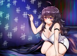 Rule 34 | 1girl, ahoge, bad id, bad twitter id, beads, blush, breasts, camisole, chalk, cleavage, commentary request, holding, huge breasts, kneeling, long hair, messy hair, nyarla (osiimi), original, osiimi, parted lips, prayer beads, purple eyes, purple hair, solo, tally, waking up