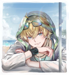 Rule 34 | 1boy, animal ears, arknights, beach, blonde hair, blue eyes, closed mouth, day, dog boy, dog ears, earrings, hood, hood up, hooded jacket, jacket, jewelry, looking at viewer, male focus, mina (o414), necklace, open clothes, outdoors, shirt, short hair, smile, solo, sunglasses, tequila (arknights), white jacket, wristband