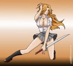 Rule 34 | 00s, between breasts, bleach, breasts, cleavage, jewelry, large breasts, long hair, matsumoto rangiku, necklace, one eye closed, open clothes, open shirt, orange hair, school uniform, shirt, skirt, solo, sword, weapon, wink