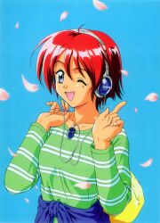 Rule 34 | 1990s (style), blue eyes, blurry, blurry background, carrying over shoulder, green skirt, headphones, highres, hinomoto hikari, holding, holding sack, kokura masashi, long sleeves, mole, mole under eye, non-web source, official art, one eye closed, open mouth, petals, red hair, retro artstyle, sack, shirt, short hair, simple background, skirt, striped clothes, striped shirt, tied shirt, tokimeki memorial, tokimeki memorial 2