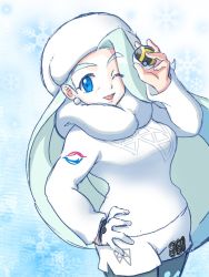 Rule 34 | 1girl, ;d, blue eyes, breasts, commentary request, creatures (company), earrings, eyelashes, game freak, gloves, hand on own hip, hand up, hat, holding, holding poke ball, jewelry, long hair, long sleeves, mature female, melony (pokemon), multicolored hair, nagi (exsit00), nintendo, one eye closed, open mouth, pantyhose, pantyhose under shorts, poke ball, pokemon, pokemon swsh, scarf, shorts, single glove, smile, snowflakes, solo, streaked hair, sweater, tongue, ultra ball, white hat, white scarf, white sweater