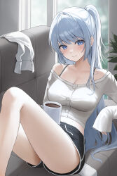 Rule 34 | 1girl, arm support, bare shoulders, black shorts, blue eyes, blue hair, blush, breasts, buttons, cleavage, closed mouth, coffee, coffee mug, collarbone, couch, crop top, cup, drink, feet out of frame, grey shirt, gym shorts, highres, hini ni, holding, holding cup, knee up, leaning back, long bangs, long hair, looking at viewer, medium breasts, midriff, mug, navel, off-shoulder shirt, off shoulder, one side up, original, raised eyebrows, shirt, unworn shirt, short shorts, shorts, sidelocks, sitting, sleeves past wrists, smile, solo, thighs