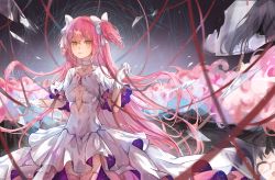 Rule 34 | 1girl, absurdly long hair, absurdres, akemi homura, crying, crying with eyes open, different reflection, dress, glass shards, glasses, gloves, highres, kaname madoka, lan su, long hair, mahou shoujo madoka magica, mahou shoujo madoka magica: hangyaku no monogatari, nebula, pink hair, red ribbon, red string of fate, reflection, ribbon, smile, solo, tears, twintails, ultimate madoka, very long hair, white dress, yellow eyes