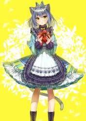 Rule 34 | 1girl, animal ears, apron, blush, boots, bow, brown footwear, candy, cat ears, cat tail, chocolate, chocolate heart, cross-laced footwear, dress, feet out of frame, fish, food, frilled apron, frilled dress, frills, gift, green eyes, hair bow, heart, highres, holding, holding food, holding gift, itofuya, lace, lace-trimmed apron, lace-trimmed dress, lace-up boots, lace trim, lolita fashion, long sleeves, looking at viewer, medium hair, no socks, original, parted lips, puffy long sleeves, puffy sleeves, red ribbon, ribbon, silver hair, solo, standing, tail, two-tone background, valentine, yellow background