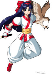 Rule 34 | 1girl, ainu clothes, alternate costume, arm behind back, artist name, black eyes, blue hair, boots, breasts, dated, expressionless, fingerless gloves, gloves, hair ribbon, highres, legs, long hair, looking at viewer, mamahaha, medium breasts, nakoruru, pants, ribbon, samurai spirits, snk, the king of fighters, thighs, weapon