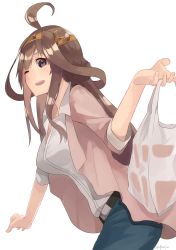 Rule 34 | 10s, 1girl, ;d, ahoge, alternate costume, bad id, bad pixiv id, bag, belt, breasts, brown hair, casual, denim, headgear, highres, jeans, kantai collection, kongou (kancolle), kongou kai ni (kancolle), long hair, looking at viewer, one eye closed, open mouth, pants, plastic bag, purple eyes, simple background, smile, solo, ukimesato, white background
