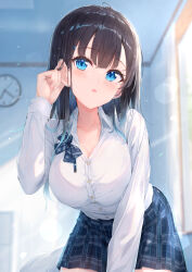 Rule 34 | 1girl, absurdres, black hair, black skirt, blue eyes, blue hair, blurry, blurry background, blush, breasts, ceiling, cleavage, clock, collarbone, collared shirt, commentary request, curtains, gradient hair, hair between eyes, highres, long hair, long sleeves, looking at viewer, mole, mole under eye, multicolored hair, na kyo, open mouth, original, plaid, plaid skirt, pleated skirt, school uniform, shirt, skirt, solo, two-tone hair, uniform, wall clock, white shirt, window