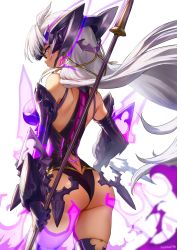 Rule 34 | 1girl, ass, athenawyrm, bare shoulders, black leotard, breasts, dark skin, dark-skinned female, elbow gloves, from behind, gloves, highres, holding, holding spear, holding weapon, large breasts, leotard, long hair, polearm, silver hair, solo, spear, t-elos, thighhighs, very long hair, weapon, xenosaga