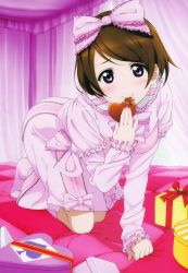 Rule 34 | 10s, 1girl, absurdres, bow, box, brown hair, candy, chocolate, chocolate heart, dress, food, gift, gift box, hair bow, heart, highres, koizumi hanayo, love live!, love live! school idol festival, love live! school idol project, mouth hold, murota yuuhei, no shoes, non-web source, official art, pink dress, pink eyes, socks, solo, spade, valentine