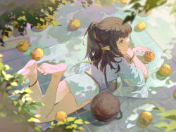 Rule 34 | 1girl, anklet, bare legs, barefoot, black hair, blue dress, blue eyes, chinese commentary, closed mouth, commentary request, copyright request, dress, feet, feet up, food, from above, fruit, full body, half updo, jewelry, leaf, light particles, long hair, looking away, lying, on stomach, orange (fruit), pointy ears, short sleeves, soles, solo, the pose, wristband, xiaojiaju
