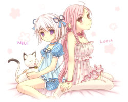 Rule 34 | 1boy, 1girl, back-to-back, bad id, bad pixiv id, cat, character name, crossdressing, long hair, lucia, lucia (pangya), mmmxx, nell (pangya), pangya, pepper (pangya), pink eyes, pink hair, purple eyes, ribbon, short hair, short twintails, silver hair, sitting, thighhighs, trap, twintails, wariza, white thighhighs