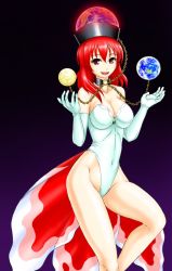 Rule 34 | :d, bare shoulders, black choker, breasts, chain, choker, cleavage, collarbone, cosplay, covered navel, creatures (company), earth (planet), elbow gloves, game freak, gen 1 pokemon, globe, gloves, goldeen, goldeen (cosplay), hair between eyes, hecatia lapislazuli, kudou (ooabareteng), large breasts, leotard, looking at viewer, medium hair, misty (pokemon), misty (pokemon) (cosplay), moon, nintendo, open mouth, planet, pokemon, pokemon (anime), pokemon (classic anime), pokemon ep043, purple background, red eyes, red hair, smile, solo, strapless, strapless leotard, touhou, white gloves