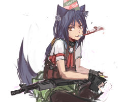 Rule 34 | 1girl, animal ears, assault rifle, black pantyhose, blue hair, brown eyes, bullet, dog ears, dog tail, fang, fingerless gloves, galil ar (upotte!!), gloves, gun, happy birthday, hat, highres, imi galil, indian style, load bearing vest, long hair, magazine (weapon), panties (pantsu-pirate), pantyhose, party hat, party horn, rifle, school uniform, serafuku, sitting, sketch, skirt, solo, tail, upotte!!, weapon