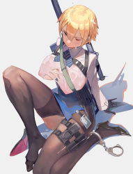 Rule 34 | 1girl, arm support, black footwear, black gloves, black pantyhose, blonde hair, blue neckwear, blue skirt, breasts, cleavage, collared shirt, covered erect nipples, cuffs, girls&#039; frontline, gloves, gun, gun on back, hair between eyes, handcuffs, high heels, highres, id card, large breasts, miniskirt, nipples, on one knee, one eye closed, pantyhose, pouch, rifle, see-through, shirt, short hair, sitting, skirt, suggestive fluid, thigh pouch, thigh strap, torn clothes, torn legwear, vic (vedream), vsk-94 (girls&#039; frontline), weapon, weapon on back, white shirt