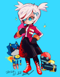 Rule 34 | 1girl, aimf, alternate hairstyle, black gloves, black skirt, closed mouth, cubot, dated, full body, glasses, gloves, hair ornament, hair over one eye, hairclip, hand on own hip, high-waist skirt, jacket, looking at viewer, metal sonic, orbot, red eyes, red jacket, sage (sonic), short twintails, skirt, smile, sonic (series), sonic frontiers, standing, twintails