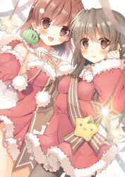 Rule 34 | &gt;:), 2girls, :d, bare shoulders, black pantyhose, blunt ends, blurry, blush, breasts, brown eyes, brown hair, christmas, clannad, cleavage, clenched hand, closed mouth, commentary request, cowboy shot, depth of field, dress, eyes visible through hair, fur-trimmed dress, fur-trimmed gloves, fur-trimmed sleeves, fur trim, furukawa nagisa, gloves, grey hair, hair between eyes, hair ornament, hairclip, hand up, happy, haruchimo, ibuki fuuko, long sleeves, looking at viewer, medium breasts, multiple girls, neck ribbon, open mouth, paid reward available, pantyhose, pom pom (clothes), pom pom hair ornament, ribbon, santa costume, santa dress, santa gloves, short dress, side-by-side, sidelocks, simple background, small breasts, smile, standing, star (symbol), star hair ornament, v-shaped eyebrows, white background, white fur, white ribbon, wide sleeves