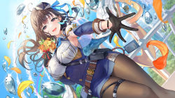 Rule 34 | 1girl, :d, armpits, bare shoulders, belt, beret, black gloves, blue hat, blue necktie, blurry, blurry background, blurry foreground, blush, breasts, brown hair, brown pantyhose, day, detached sleeves, dutch angle, floating hair, flower, gloves, goddess of victory: nikke, half-closed eyes, half gloves, hat, highres, holding, id card, large breasts, long hair, long sleeves, looking at viewer, marian (nikke), military, military hat, military uniform, necktie, okuma mai, open mouth, outdoors, outstretched arm, outstretched hand, pantyhose, red eyes, sidelocks, skindentation, smile, solo, uniform, water drop
