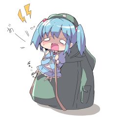 Rule 34 | 1girl, backpack, bag, black hair, blue eyes, blush, chibi, dress, dress shirt, flying sweatdrops, full body, hair bobbles, hair ornament, hat, highres, kawashiro nitori, key, kuromu (underporno), long sleeves, looking at viewer, open mouth, pocket, shirt, short hair, simple background, skirt, skirt set, solo, struggling, sweatdrop, tearing up, tears, touhou, twintails, two side up, white background, white shirt