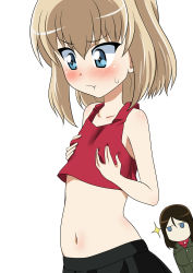 Rule 34 | 2girls, :t, absurdres, black hair, black skirt, blonde hair, blue eyes, blush, bob cut, breast envy, breasts, closed mouth, commentary request, crop top, frown, girls und panzer, green jacket, hands on own chest, highres, jacket, katyusha (girls und panzer), looking at another, midriff, miniskirt, multiple girls, navel, nonna (girls und panzer), pleated skirt, pravda school uniform, red shirt, school uniform, shirt, short hair, simple background, skirt, small breasts, sparkle, standing, sweatdrop, tank top, wakku kan, white background