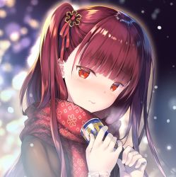Rule 34 | 1girl, blunt bangs, blurry, blurry background, blush, bow, brown hair, brown jacket, can, closed mouth, commentary request, depth of field, girls&#039; frontline, gloves, hair ornament, hair ribbon, hands up, has bad revision, has downscaled revision, head tilt, highres, holding, holding can, jacket, long hair, md5 mismatch, official alternate costume, one side up, print scarf, red eyes, red ribbon, red scarf, rei (rei&#039;s room), resolution mismatch, ribbon, scarf, snowflake print, solo, source smaller, wa2000 (date in the snow) (girls&#039; frontline), wa2000 (girls&#039; frontline), white bow, white gloves