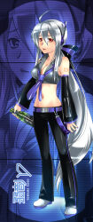 Rule 34 | 1girl, alcohol, beer bottle, belt, black pants, bottle, bow, breasts, caffein, character name, cleavage, collared shirt, cropped shirt, detached sleeves, female focus, full body, get, grey hair, hair bow, headset, holding, holding bottle, japanese text, long hair, loose necktie, low ponytail, microphone, navel, necktie, pants, project diva (series), purple nails, red eyes, romaji text, shirt, solo, very long hair, yowane haku, zoom layer