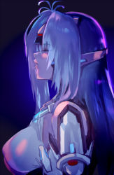 Rule 34 | 1girl, android, blue hair, breasts, forehead protector, from side, kos-mos, long hair, negresco, sideboob, simple background, solo, xenoblade chronicles (series), xenoblade chronicles 2, xenosaga