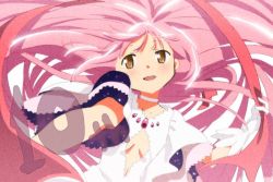 Rule 34 | 1girl, alternate hairstyle, anniversary, breasts, choker, cleavage, cleavage cutout, clothes lift, clothing cutout, collarbone, commentary request, dot nose, dutch angle, floating hair, fumiko (mesushi), gloves, hair down, hand up, holding, holding ribbon, kaname madoka, light blush, light smile, long hair, looking at viewer, mahou shoujo madoka magica, mahou shoujo madoka magica (anime), outstretched arm, parted lips, pink hair, red ribbon, ribbon, simple background, small breasts, solo, straight hair, tareme, ultimate madoka, underboob, untied, untying, upper body, very long hair, white background, white choker, white gloves, white neckwear, wide sleeves, yellow eyes
