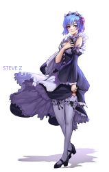 Rule 34 | 10s, 1girl, absurdres, apron, arm at side, artist name, black bow, black footwear, black ribbon, black skirt, blue eyes, blue hair, blush, bow, breasts, cleavage, closed mouth, collar, detached collar, detached sleeves, dress, flower, frilled collar, frilled dress, frilled shirt collar, frilled skirt, frilled sleeves, frilled thighhighs, frills, full body, hair flower, hair ornament, hair ribbon, hand on own chest, hand up, highres, holding, juliet sleeves, long sleeves, looking at viewer, maid, maid headdress, mary janes, medium breasts, nail polish, neck ribbon, pink lips, puffy sleeves, purple ribbon, re:zero kara hajimeru isekai seikatsu, rem (re:zero), ribbon, ribbon-trimmed collar, ribbon-trimmed legwear, ribbon trim, shadow, shoes, simple background, skirt, skirt hold, smile, solo, standing, steve zheng, thighhighs, underbust, waist apron, white background, white thighhighs, wide sleeves, wings, x hair ornament