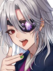 Rule 34 | 1boy, earrings, eyepatch, green nails, grey hair, highres, japanese clothes, jewelry, kimetsu no yaiba, kimono, long hair, male focus, multicolored nails, open mouth, red eyes, red nails, single earring, solo, teeth, tongue, tongue out, upper teeth only, uzui tengen, yagne1236
