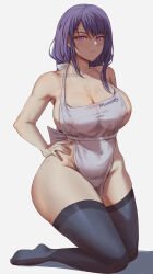 Rule 34 | 1girl, apron, asymmetrical bangs, bare arms, beta hime, black thighhighs, braid, breasts, cleavage, closed mouth, collarbone, covered navel, english text, genshin impact, hand on own hip, highres, kneeling, large breasts, long hair, looking at viewer, low-braided long hair, low-tied long hair, naked apron, pelvic curtain, print apron, purple eyes, purple hair, raiden shogun, shadow, simple background, solo, thick thighs, thighhighs, thighs, white apron