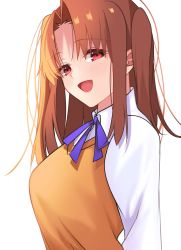 Rule 34 | 1girl, blue ribbon, blush, breasts, brown hair, collared shirt, commentary request, exa (koyuru), forehead, happy birthday, highres, large breasts, long hair, long sleeves, looking at viewer, neck ribbon, open mouth, parted bangs, red eyes, ribbon, school uniform, shirt, simple background, smile, solo, tsukihime, two side up, uniform, upper body, vest, white background, white shirt, yellow vest, yumizuka satsuki