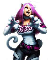 Rule 34 | 10s, 1girl, 2011, :3, ahoge, alternate hair color, animal ears, animal hands, artistic error, bare shoulders, belt, blue eyes, breasts, casual, cat ears, cat girl, cat paws, cat tail, claws, contemporary, denim, felicia (vampire), female focus, fur, hair over one eye, jeans, large breasts, long hair, multicolored hair, narrow waist, omar dogan, one eye closed, open mouth, pants, paw print, pink hair, signature, smile, solo, streaked hair, tail, thigh gap, torn clothes, torn jeans, torn pants, two-tone hair, vampire (game), white hair, zipper