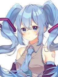 Rule 34 | 1girl, absurdres, bad id, bad pixiv id, bare shoulders, blue eyes, blue hair, blue necktie, blush, breasts, closed mouth, collared shirt, commentary request, detached sleeves, grey shirt, hatsune miku, highres, long hair, necktie, number tattoo, purple sleeves, shinonome asu, shirt, shoulder tattoo, sidelocks, simple background, small breasts, solo, tattoo, twintails, upper body, very long hair, vocaloid, white background