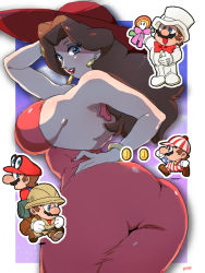 Rule 34 | 1boy, 1girl, alternate costume, arm up, artist name, ass, backless dress, backless outfit, backpack, bag, bare arms, bare shoulders, belt, blue eyes, border, bow, bowtie, bracelet, breasts, brown footwear, brown hair, cappy (mario), coin, cowboy shot, curvy, donkey kong (series), dress, earrings, eyeshadow, facial hair, fedora, fire flower, full moon, gloves, gold bracelet, gold earrings, hand on own head, hand on own hip, hat, helmet, highres, hip focus, holding, huge ass, impossible clothes, impossible dress, jacket, jewelry, large breasts, lipstick, long hair, long sleeves, looking at viewer, looking back, makeup, mario, mario (series), moon, multiple views, mustache, nail polish, night, night sky, nintendo, nm qi, open mouth, outline, outside border, outstretched arm, overalls, pants, parted lips, pauline (mario), pink bow, pith helmet, red bow, red dress, red headwear, red lips, red nails, red shirt, safari jacket, shirt, shoes, sideboob, skin tight, sky, star (sky), star (symbol), star print, striped clothes, striped headwear, super mario odyssey, top hat, tuxedo, white border, white footwear, white gloves, white headwear, white jacket, white outline, white pants, wide hips