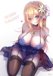 Rule 34 | 1girl, absurdres, arms behind back, black thighhighs, blonde hair, blue dress, blue eyes, blush, braid, breasts, cleavage, collarbone, dress, english text, flower, girls&#039; frontline, hair flower, hair ornament, heart, heart print, highres, jewelry, large breasts, long hair, looking at viewer, martinreaction, mosin-nagant (girls&#039; frontline), mosin-nagant (moonlit ocean) (girls&#039; frontline), necklace, official alternate costume, on floor, seiza, sitting, smile, solo, thighhighs, white background