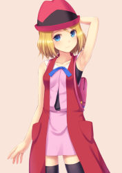 Rule 34 | 1girl, alternate hair length, alternate hairstyle, arm up, armpits, bad id, bad pixiv id, black thighhighs, blonde hair, blue eyes, coat, creatures (company), dress, game freak, hat, looking at viewer, n.g., nintendo, open clothes, open coat, pink dress, pokemon, pokemon (anime), serena (pokemon), short hair, smile, solo, thighhighs, zettai ryouiki