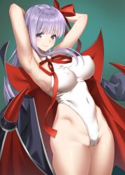 Rule 34 | 1girl, armpits, arms behind head, bare arms, bare shoulders, bb (fate), bb (fate) (all), bb (swimsuit mooncancer) (fate), bb (swimsuit mooncancer) (third ascension) (fate), black coat, breasts, cameltoe, closed mouth, coat, covered erect nipples, covered navel, cowboy shot, fate/grand order, fate (series), hair ribbon, hands up, highleg, highleg leotard, highres, large breasts, leotard, long hair, looking at viewer, neck ribbon, popped collar, purple eyes, purple hair, red ribbon, ribbon, saruchitan, simple background, smile, solo, unfinished, very long hair, white leotard