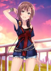Rule 34 | 10s, 1girl, arm at side, arm up, armpits, belt, blue shorts, blush, bracelet, brown eyes, brown hair, cityscape, collarbone, contemporary, contrapposto, cowboy shot, cutoffs, denim, denim shorts, eyebrows, flag print, fukahire (ruinon), hair ornament, hairclip, headphones, headphones around neck, idolmaster, idolmaster cinderella girls, jewelry, looking at viewer, off-shoulder shirt, off shoulder, outdoors, purple sky, railing, shirt, short hair, short shorts, short sleeves, shorts, sky, solo, standing, sunset, t-shirt, tada riina, tareme, thighs
