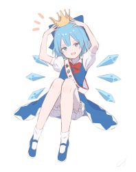 Rule 34 | 1girl, adjusting clothes, adjusting headwear, ankle socks, artist request, blouse, blue dress, blue eyes, blue footwear, blue hair, bow, bowtie, cirno, commentary request, crown, dress, full body, hair between eyes, hair bow, hands up, highres, knees up, mary janes, open mouth, pinafore dress, puffy short sleeves, puffy sleeves, red bow, shirt, shoes, short hair, short sleeves, signature, simple background, sitting, sleeveless dress, smug, socks, solo, touhou, white background, white shirt, white socks, wing collar, wings