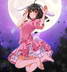 Rule 34 | 1girl, ahoge, animal ears, bare legs, barefoot, black hair, bloomers, blush, breasts, carrot, carrot necklace, feet, female focus, floppy ears, frilled sleeves, frills, full body, inaba tewi, jewelry, moon, necklace, okawa friend, pendant, pink shirt, pink skirt, puffy short sleeves, puffy sleeves, rabbit ears, rabbit girl, rabbit tail, red eyes, shirt, short hair, short sleeves, skirt, small breasts, smile, soles, solo, tail, touhou, underwear, wavy hair