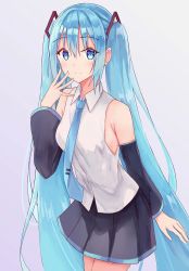 Rule 34 | 1girl, akaya (pixiv20545353), bare shoulders, black skirt, black sleeves, blue eyes, blue hair, blue necktie, blush, breasts, closed mouth, collared shirt, commentary request, cowboy shot, detached sleeves, grey background, hair between eyes, hair ornament, hand up, hatsune miku, highres, long sleeves, necktie, pleated skirt, shirt, simple background, skirt, sleeveless, sleeveless shirt, small breasts, smile, solo, tie clip, twintails, vocaloid, white shirt, wide sleeves