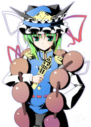 Rule 34 | 1girl, beads, blue eyes, closed mouth, cowboy shot, expressionless, female focus, frills, hat, hat ribbon, holding, itose ikuto, long sleeves, looking at viewer, mob cap, red ribbon, ribbon, rod of remorse, shiki eiki, short hair, simple background, solo, touhou, white background