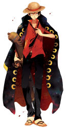 Rule 34 | 1boy, adjusting clothes, adjusting necktie, ance, angry, black hair, black necktie, black pants, formal, full body, gun, hat, highres, jacket, jacket on shoulders, long coat, male focus, monkey d. luffy, necktie, one piece, one piece: strong world, pants, pirate, red shirt, sandals, scar, shirt, short hair, simple background, solo, straw hat, weapon, white background