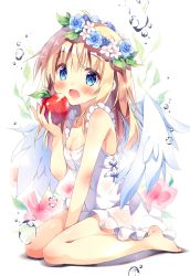 Rule 34 | 1girl, :d, ahoge, angel, angel wings, apple, bare arms, bare shoulders, blonde hair, blue eyes, blue flower, blue rose, blush, breasts, cleavage, collarbone, commentary request, dress, eating, feathered wings, fingernails, flower, flower wreath, food, frilled dress, frills, fruit, full body, hair between eyes, hair flower, hair ornament, head wreath, holding, holding food, leaf, long hair, looking at viewer, open mouth, original, pan (mimi), pink flower, red apple, rose, simple background, sitting, sleeveless, sleeveless dress, small breasts, smile, solo, wariza, water, water drop, white background, white dress, white flower, white wings, wings
